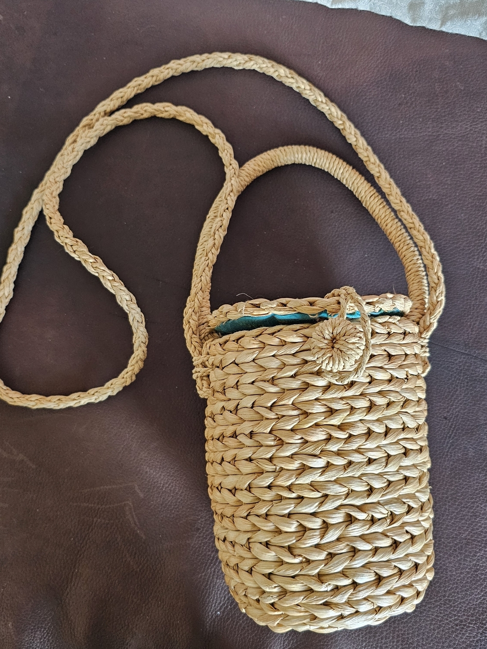 NATURAL LIFE Braided Straw Crossbody Bucket Purse with Teal Lining